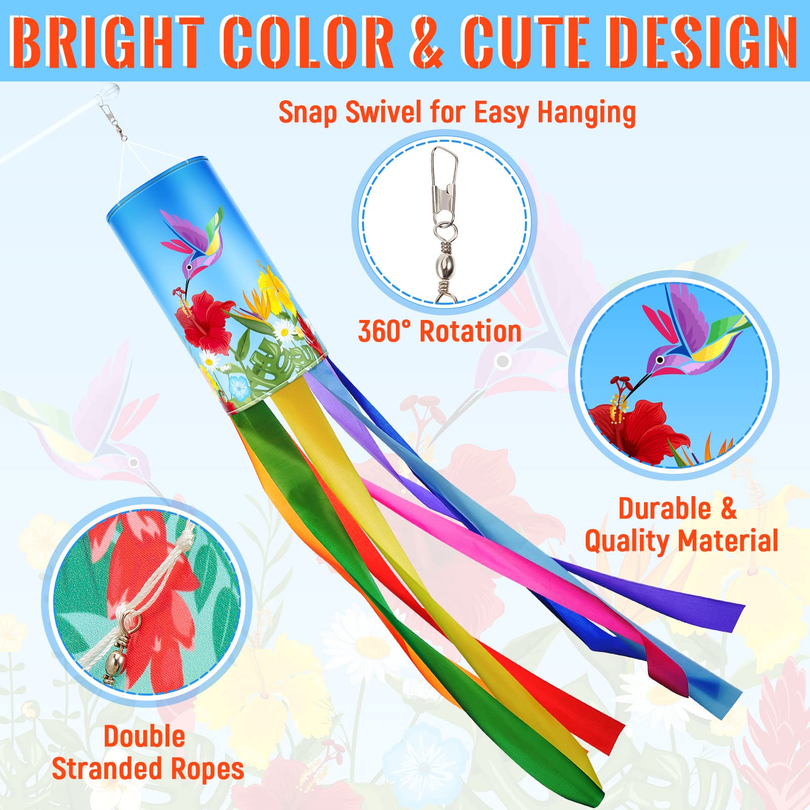 Tatuo outdoor decor windsock featuring hummingbirds and flowers