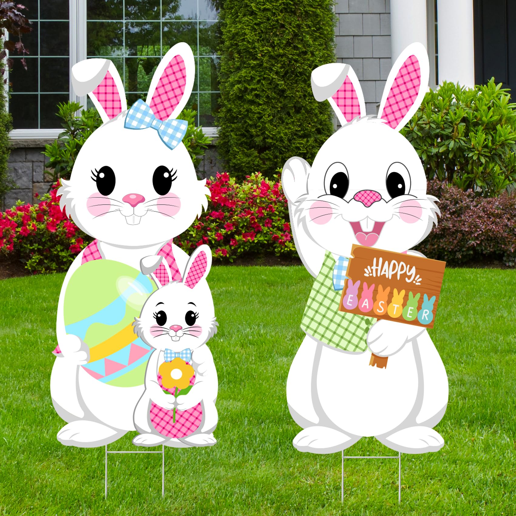 Taupphoo 35in bunny family yard sign stakes for festive spring curb appeal.