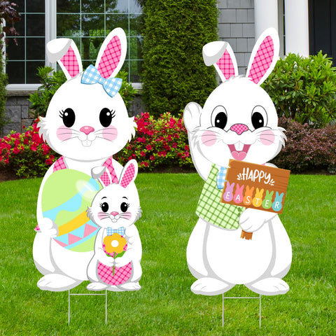 Taupphoo 35in bunny family yard sign stakes for festive spring curb appeal.