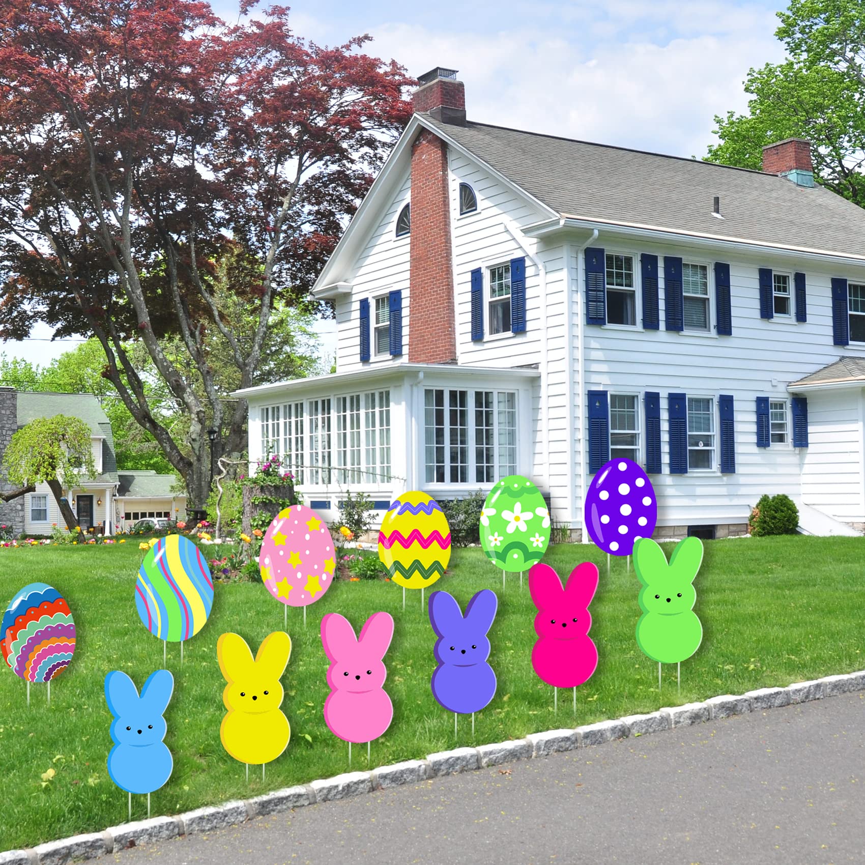 taupphoo Easter eggs yard sign pattern blue with stake, lively eggs display for driveways
