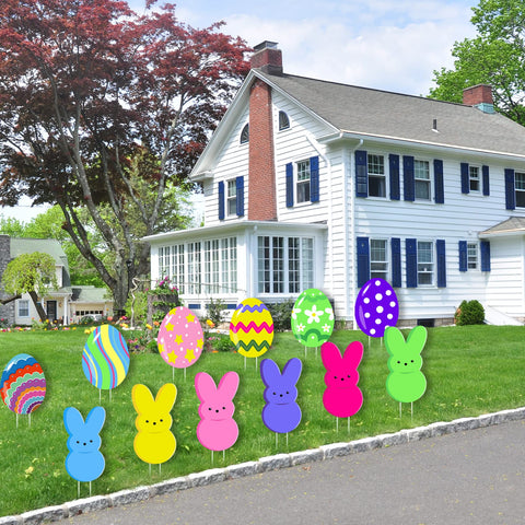 taupphoo Easter eggs yard sign pattern blue with stake, lively eggs display for driveways