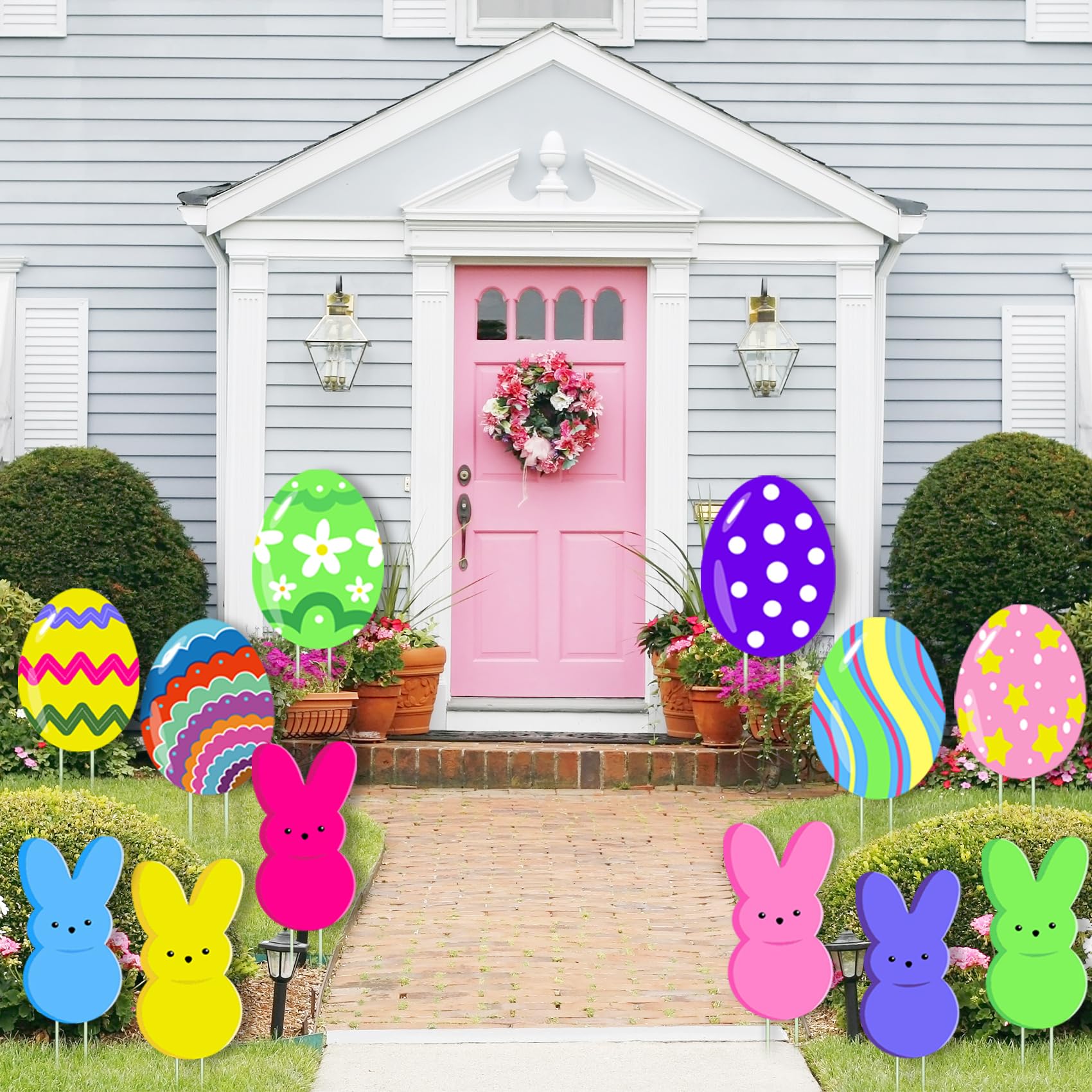 taupphoo Easter eggs yard sign pattern green with stake, bright eggs decor for garden