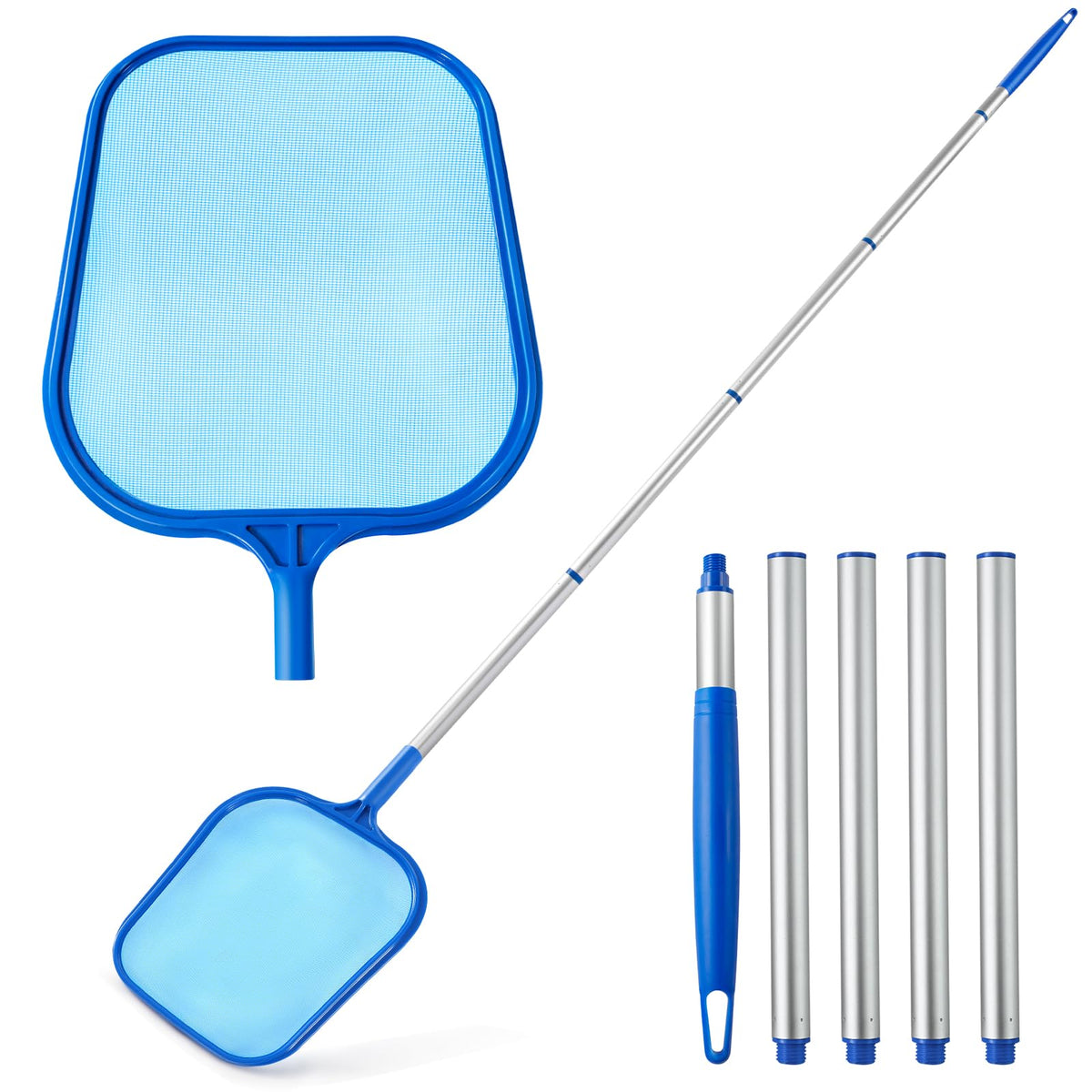 Tavaleu pool skimmer with five-section pole for adjustable reach.