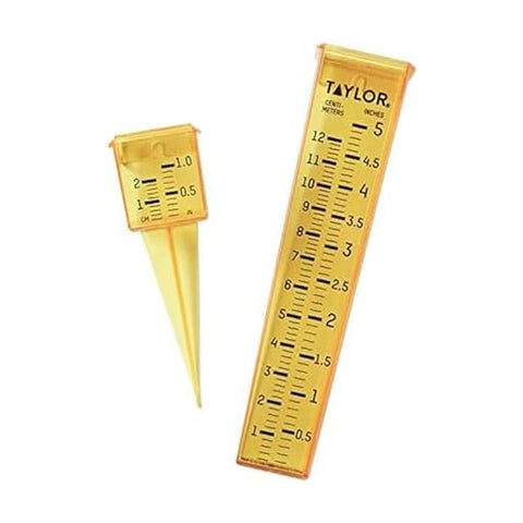 Taylor 2715 2-in-1 rain and sprinkler gauge in bright yellow for backyard precipitation monitoring
