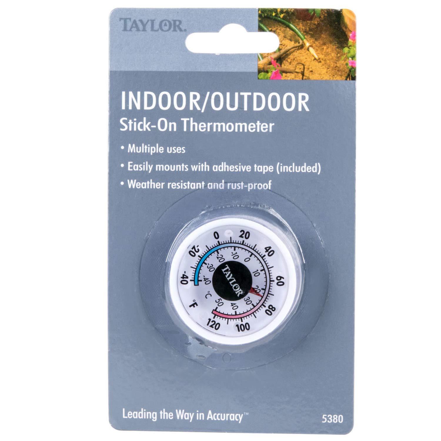 Taylor 5380n mini thermometer with clear indoor-outdoor readings.
