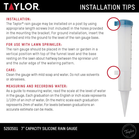 Taylor backyard friendly teal rain gauge used for garden planning