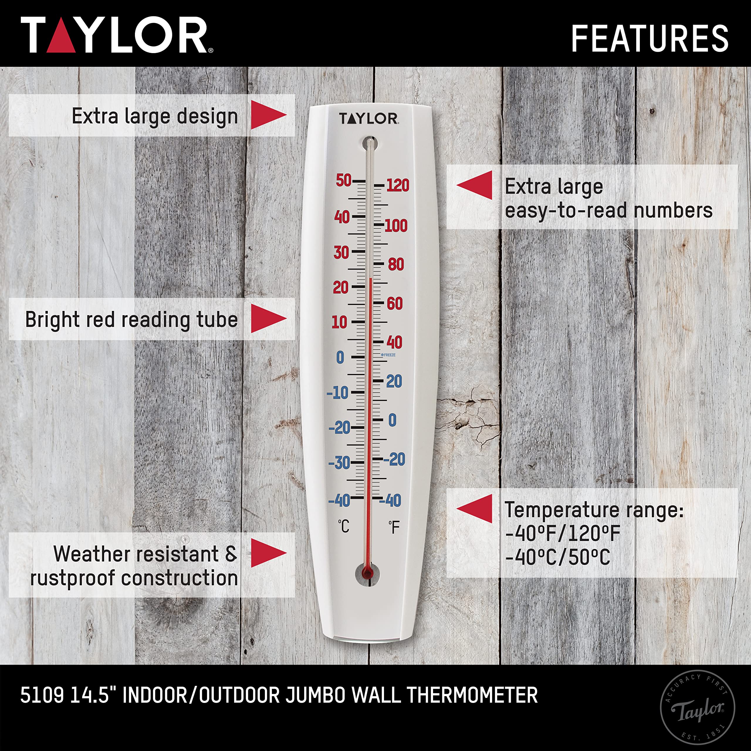 Taylor thermometer with bright numbers and red reading tube for quick visibility.
