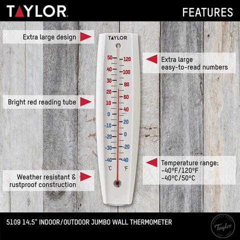 Taylor thermometer with bright numbers and red reading tube for quick visibility.
