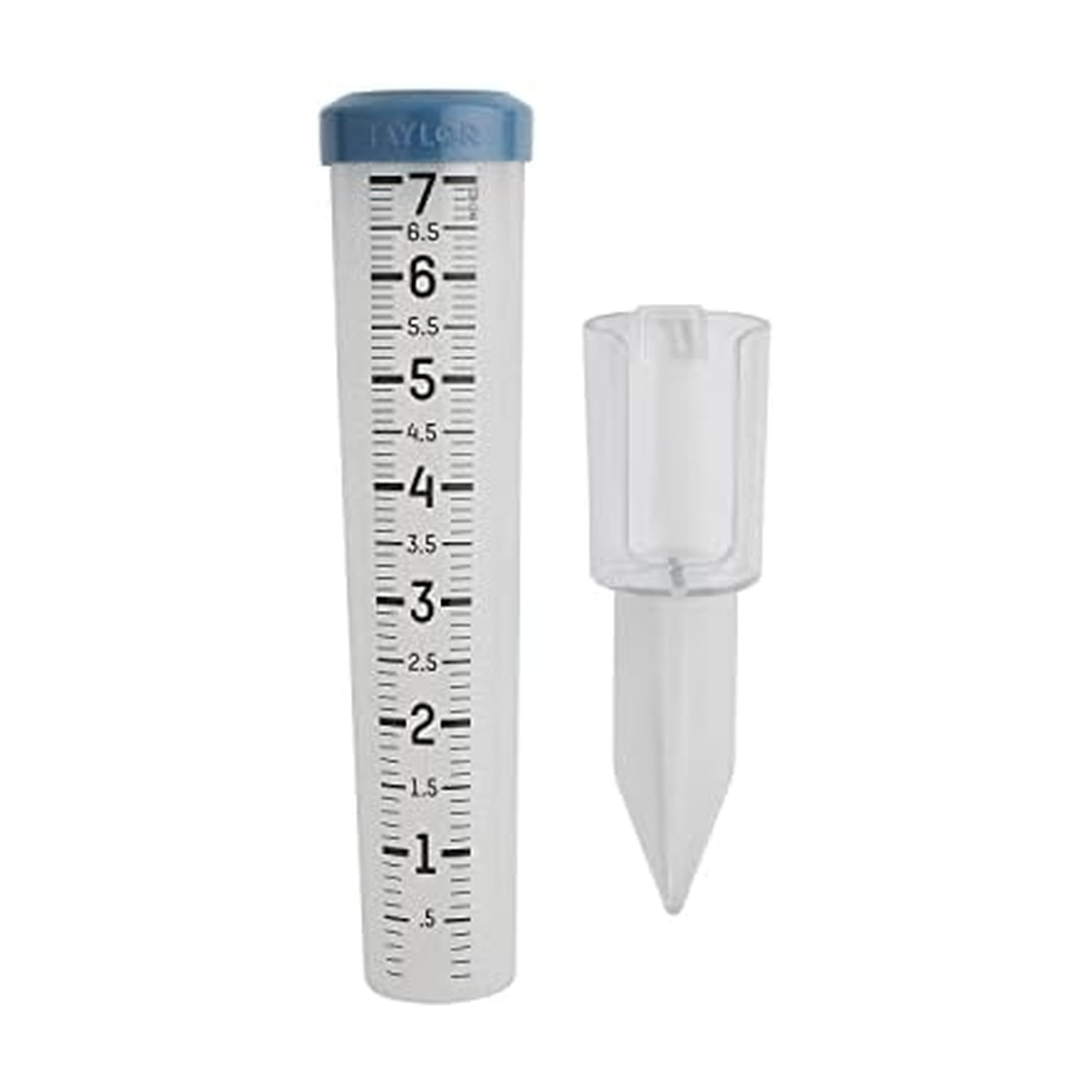 Taylor capacity rain gauge in teal shows seven inch scale for precise rainfall measurement