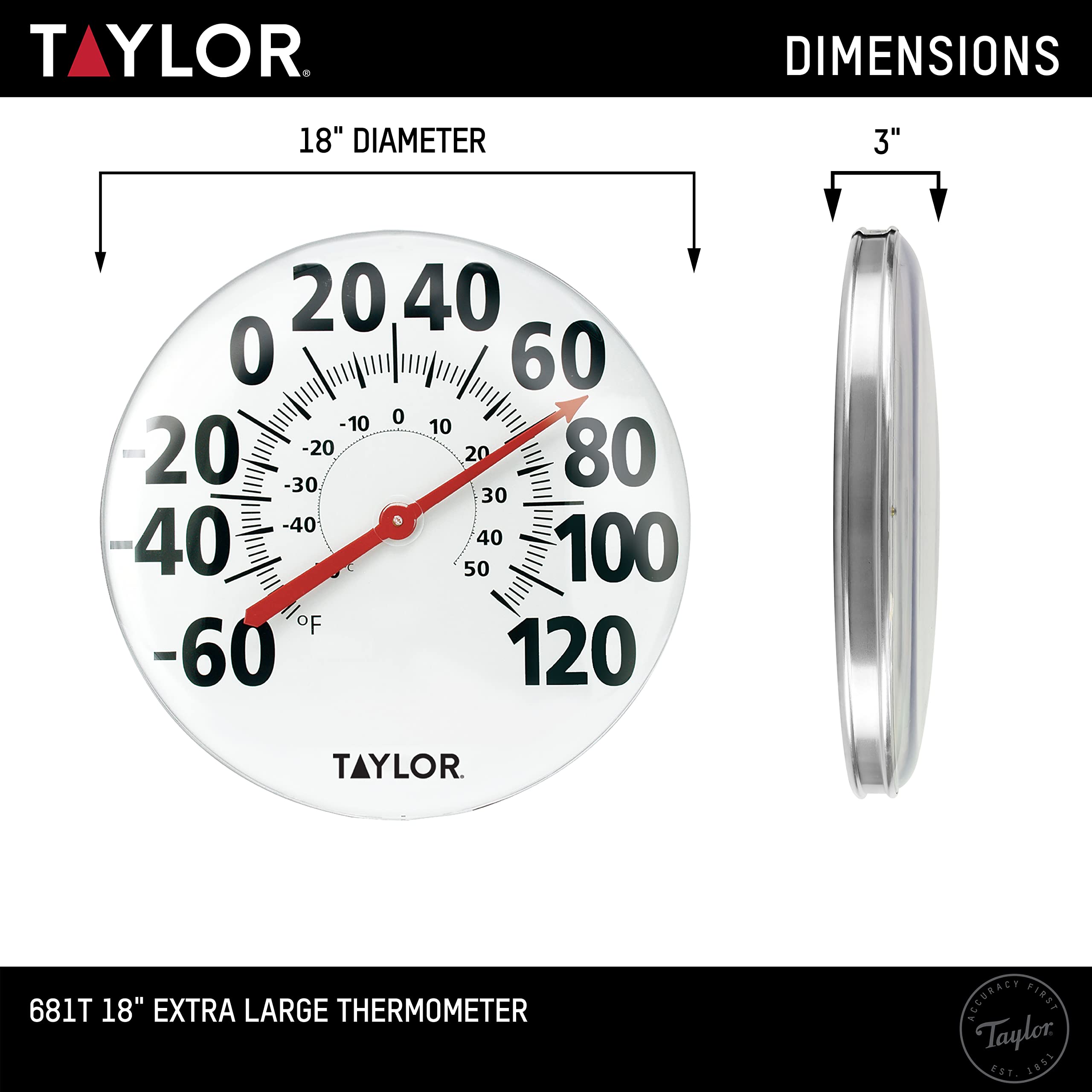 Taylor dial thermometer with shatterproof lens for durable outdoor use