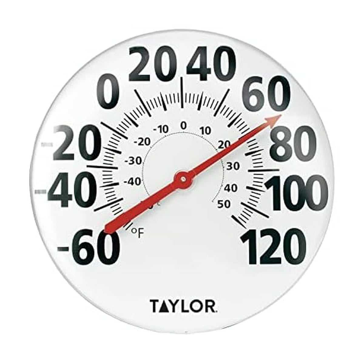 Taylor 18-inch dial thermometer on wall with easy-to-read numbers