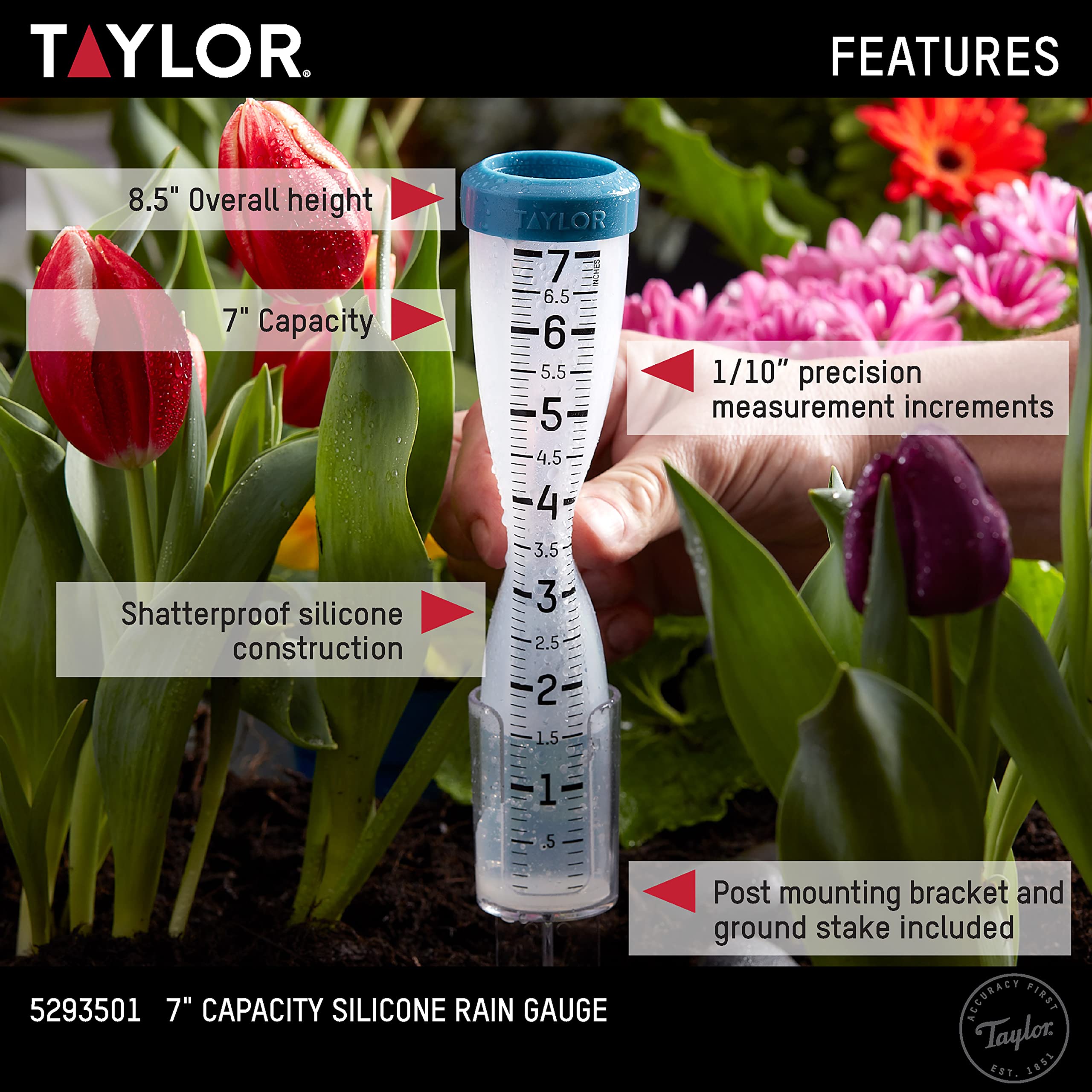 Taylor silicone rain gauge with ground stake ready for garden placement