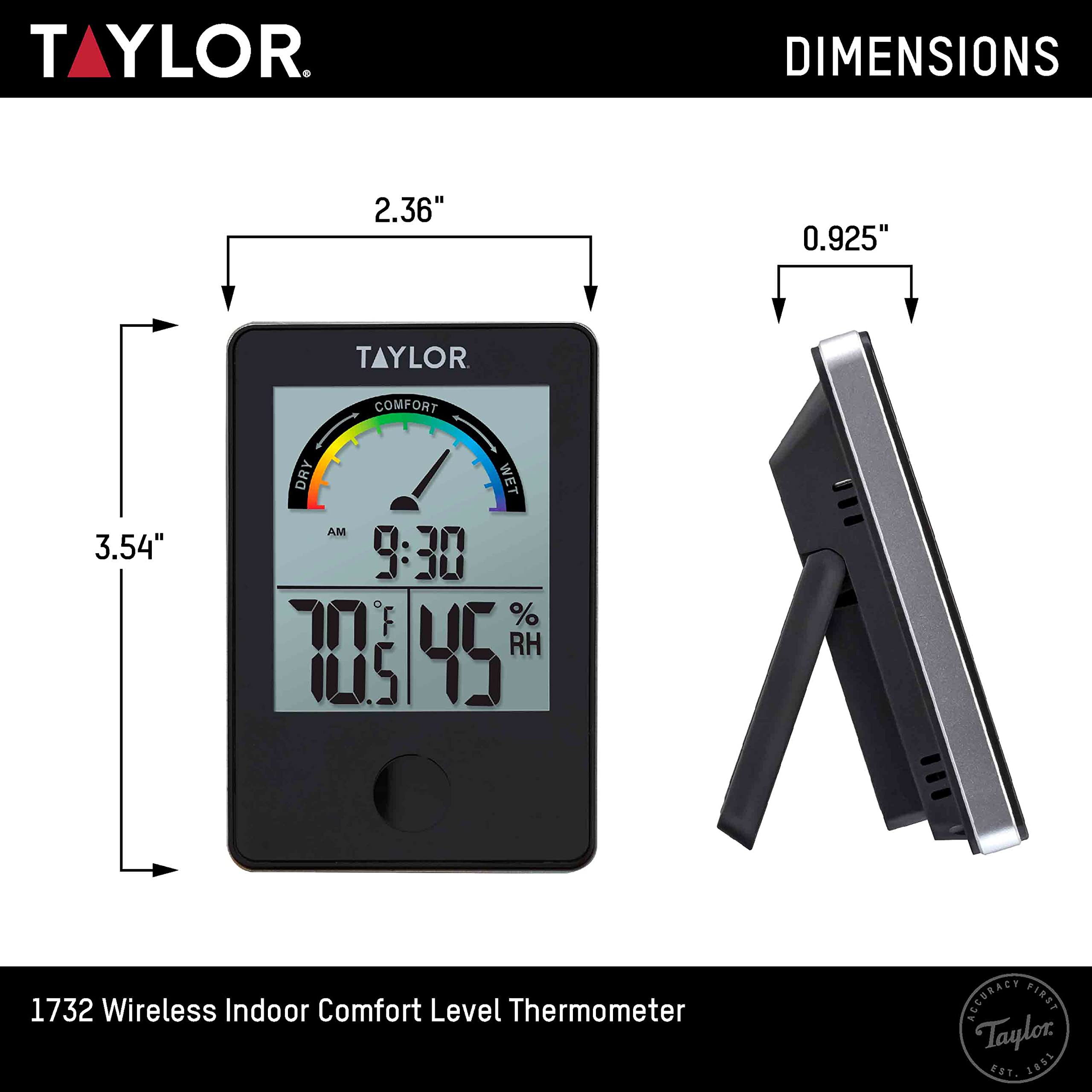 Taylor humidity range from 20 to 90 percent fits indoor environments.
