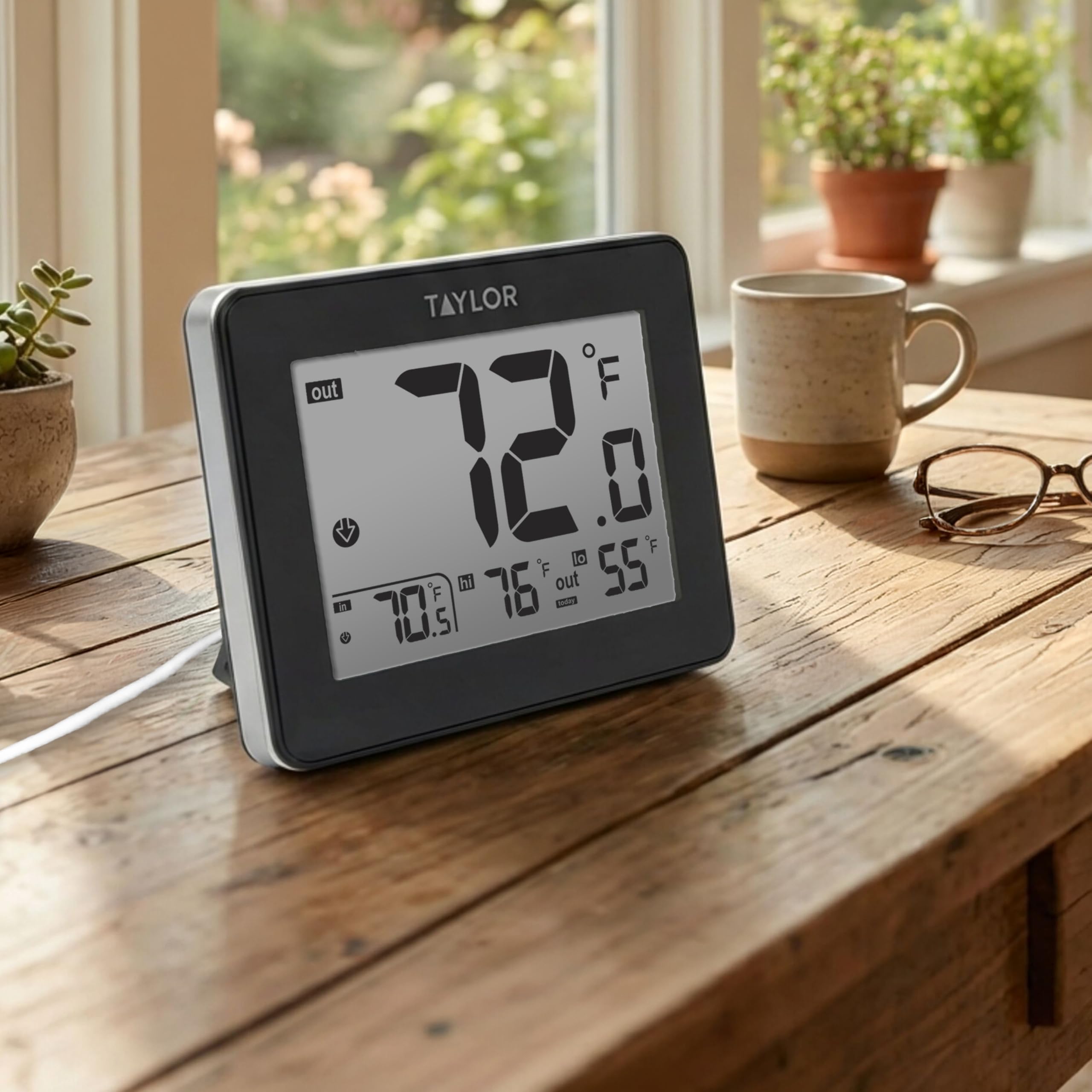 Taylor indoor-outdoor temps on one screen support home comfort decisions.
