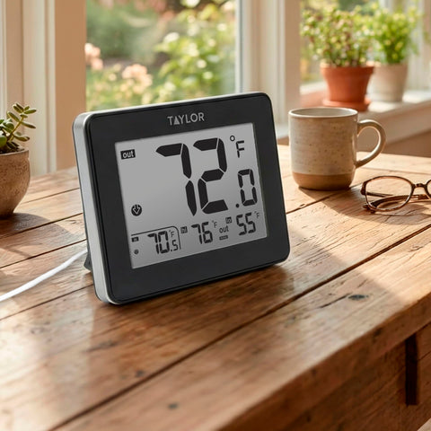 Taylor indoor-outdoor temps on one screen support home comfort decisions.