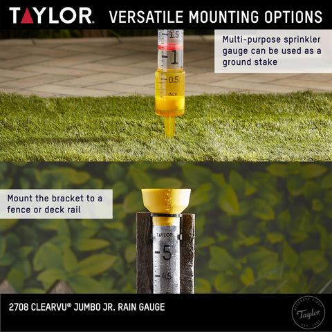 Taylor Jumbo JR ground stake doubles as sprinkler gauge for irrigation monitoring