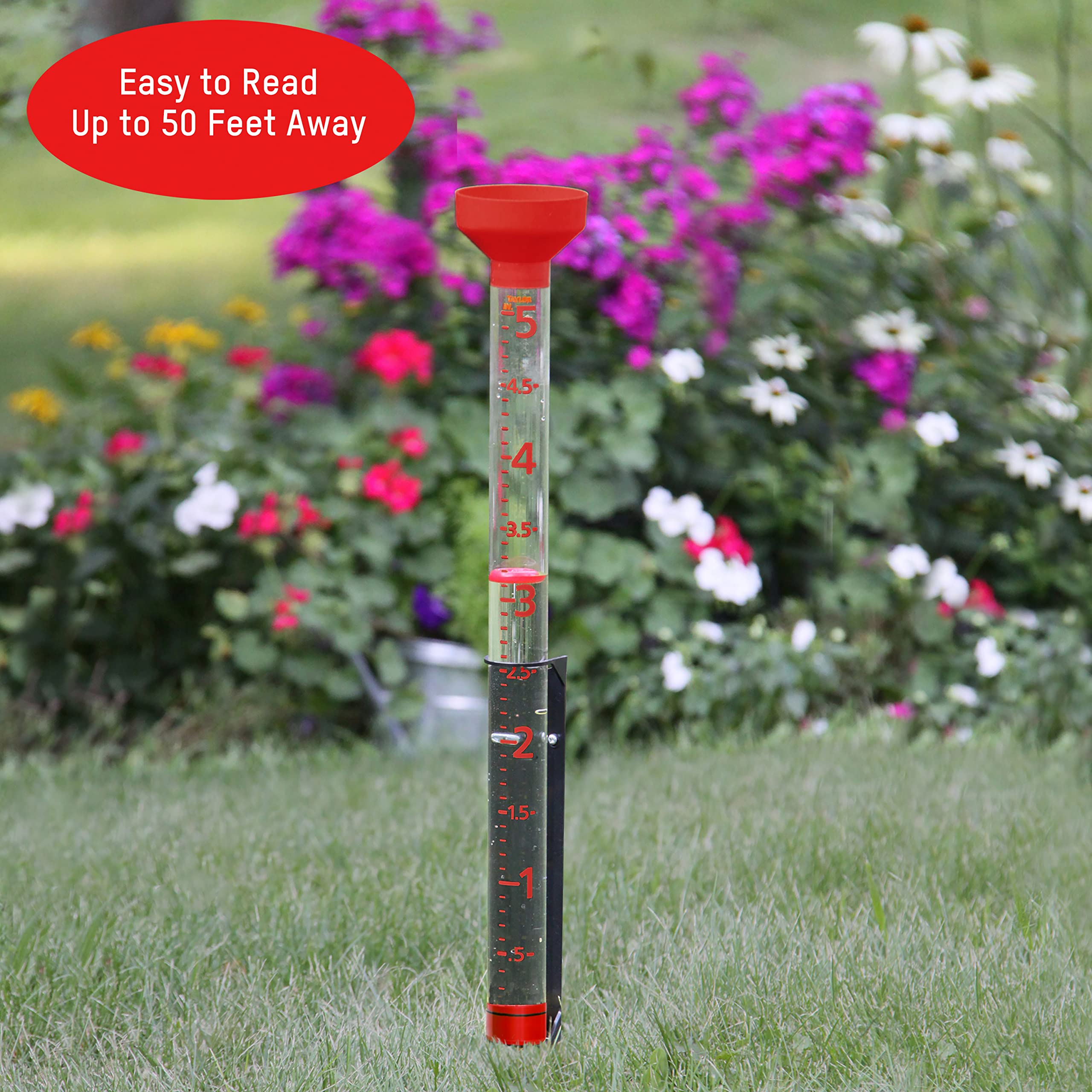 Taylor Jumbo Jr red rain gauge enhances any outdoor space with color
