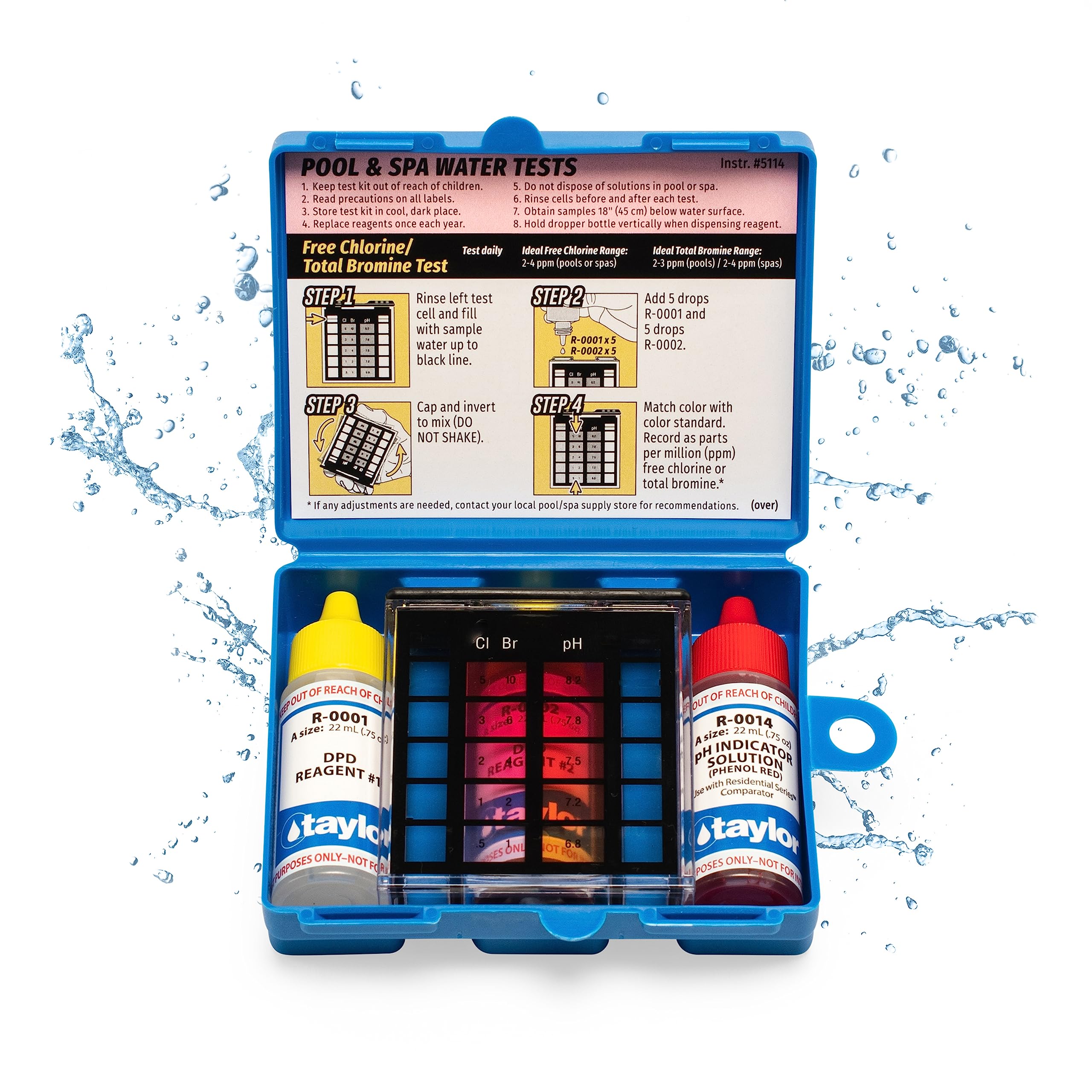 Taylor K-1001 basic test kit case enables easy on-site pool testing.