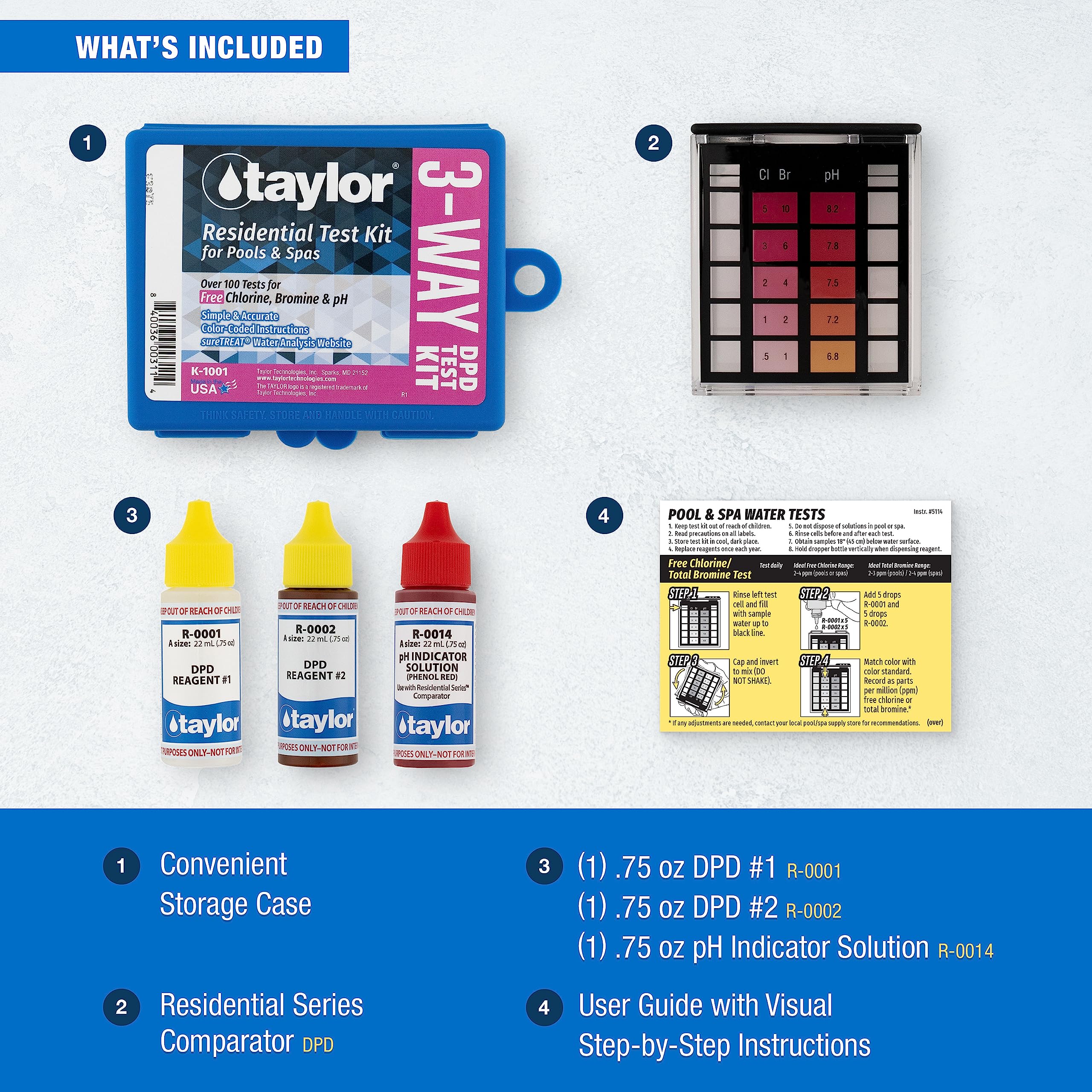 Taylor K-1001 pH test vial for balanced pool chemistry.