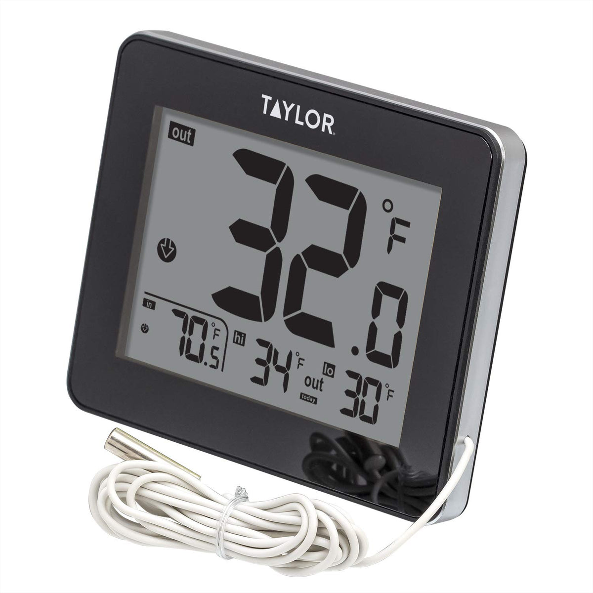 Taylor wired thermometer with LED display shows indoor and outdoor temperatures at a glance.