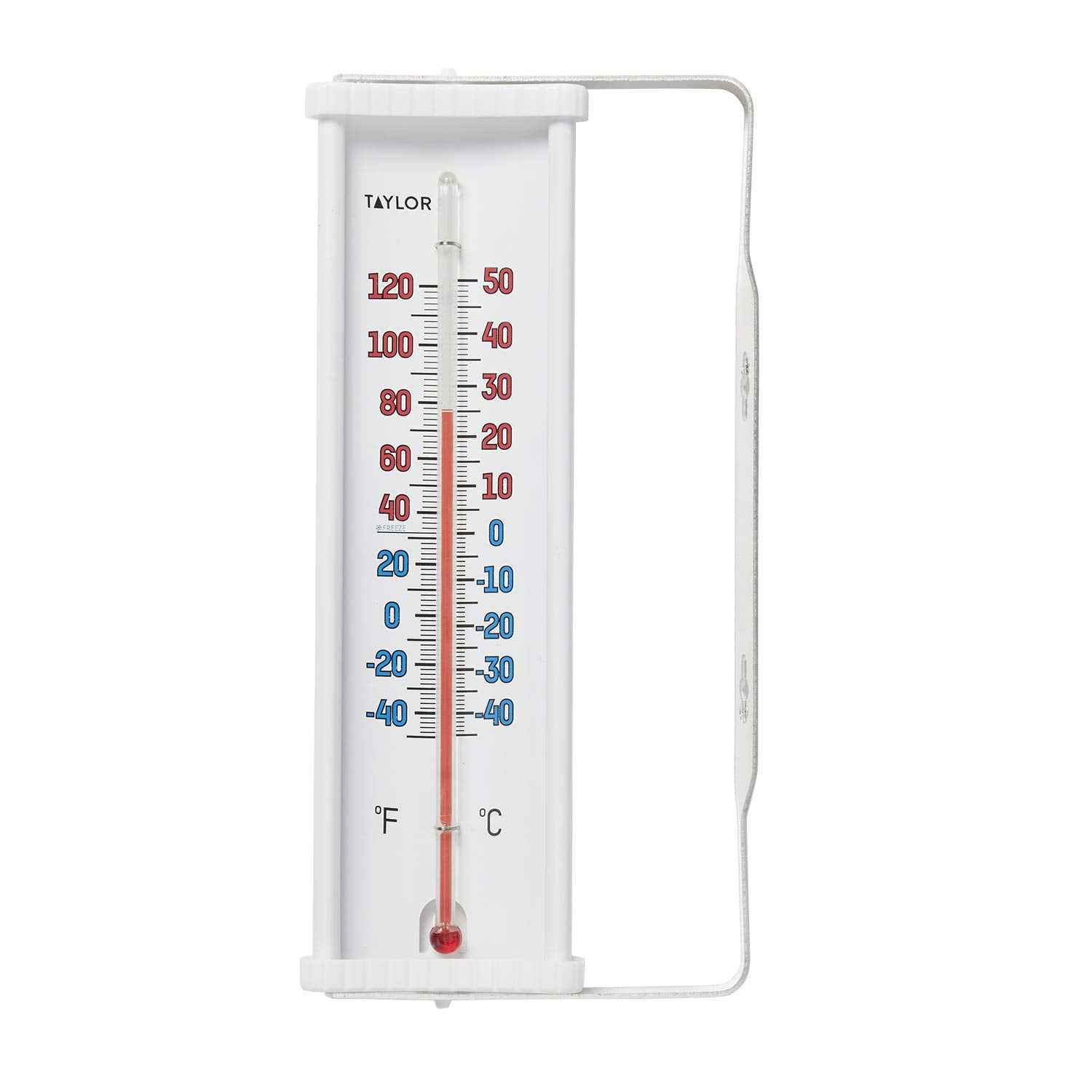 Taylor mountable outdoor window thermometer with side view and clear readout for outdoor use.