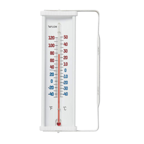 Taylor mountable outdoor window thermometer with side view and clear readout for outdoor use.