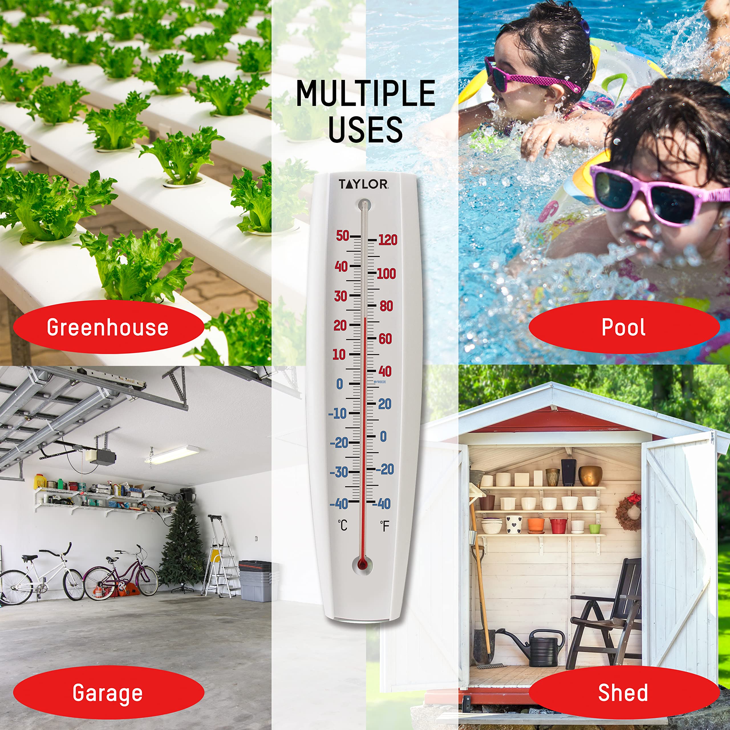 Taylor versatile thermometer suitable for gardens, greenhouses, terraces, basements, and sheds.