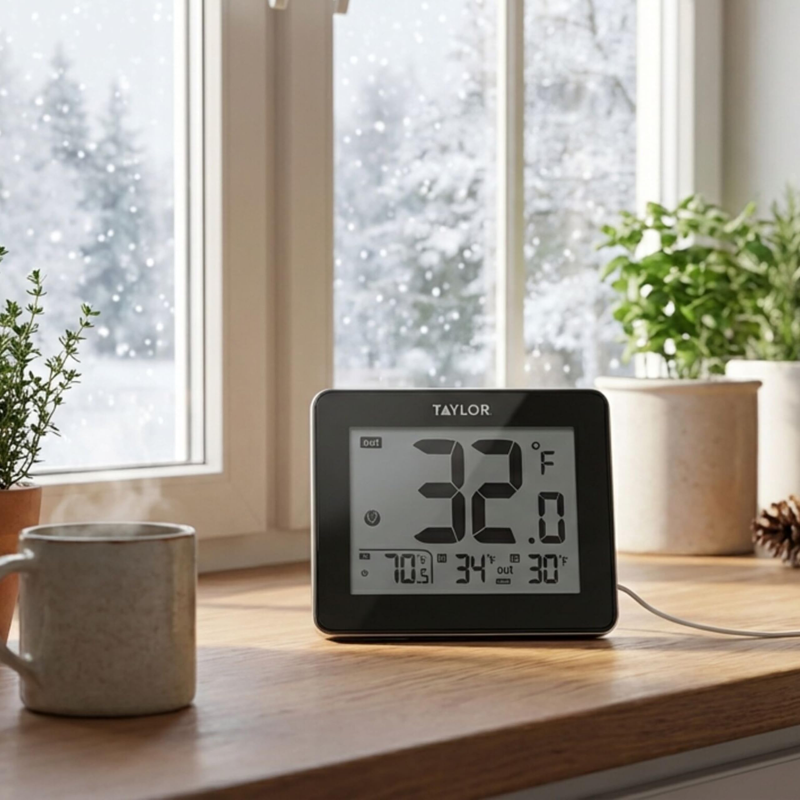 Taylor outdoor probe placed outside a window enables flexible, accurate exterior readings.