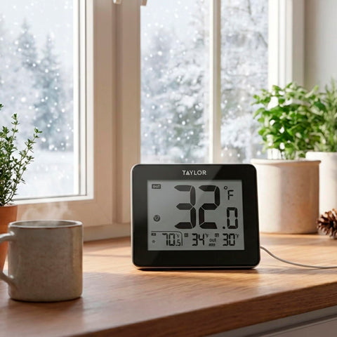 Taylor outdoor probe placed outside a window enables flexible, accurate exterior readings.