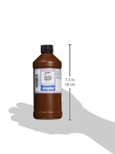 Taylor R-0871-E FAS-DPD titrating reagent bottle shown for pool water testing