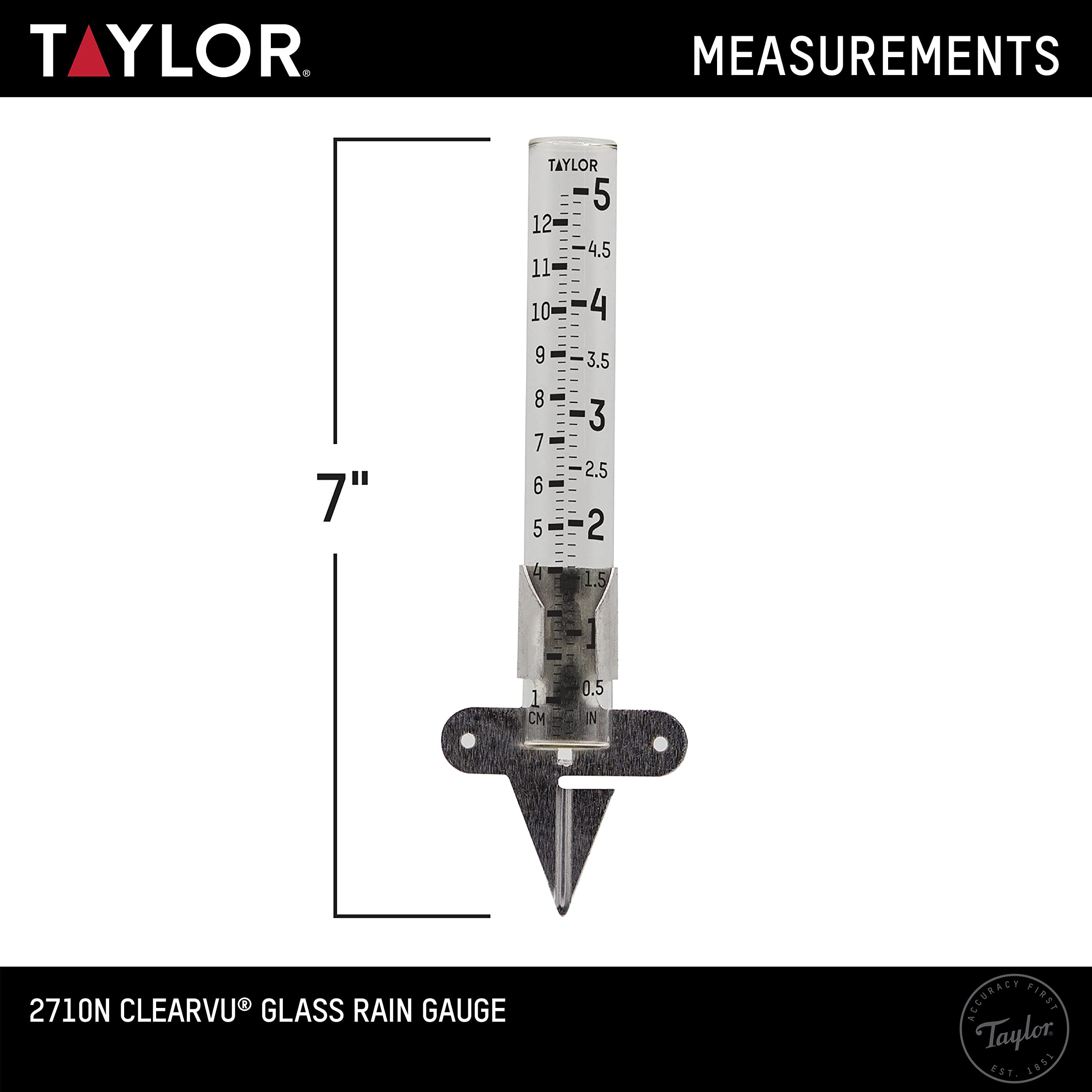 Taylor rain gauge features a clear glass tube for quick, at-a-glance measurements.