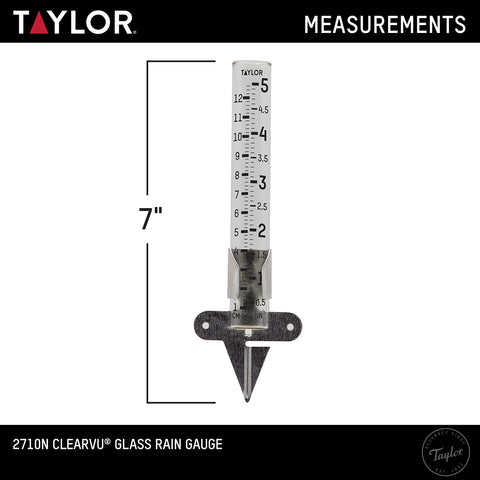 Taylor rain gauge features a clear glass tube for quick, at-a-glance measurements.