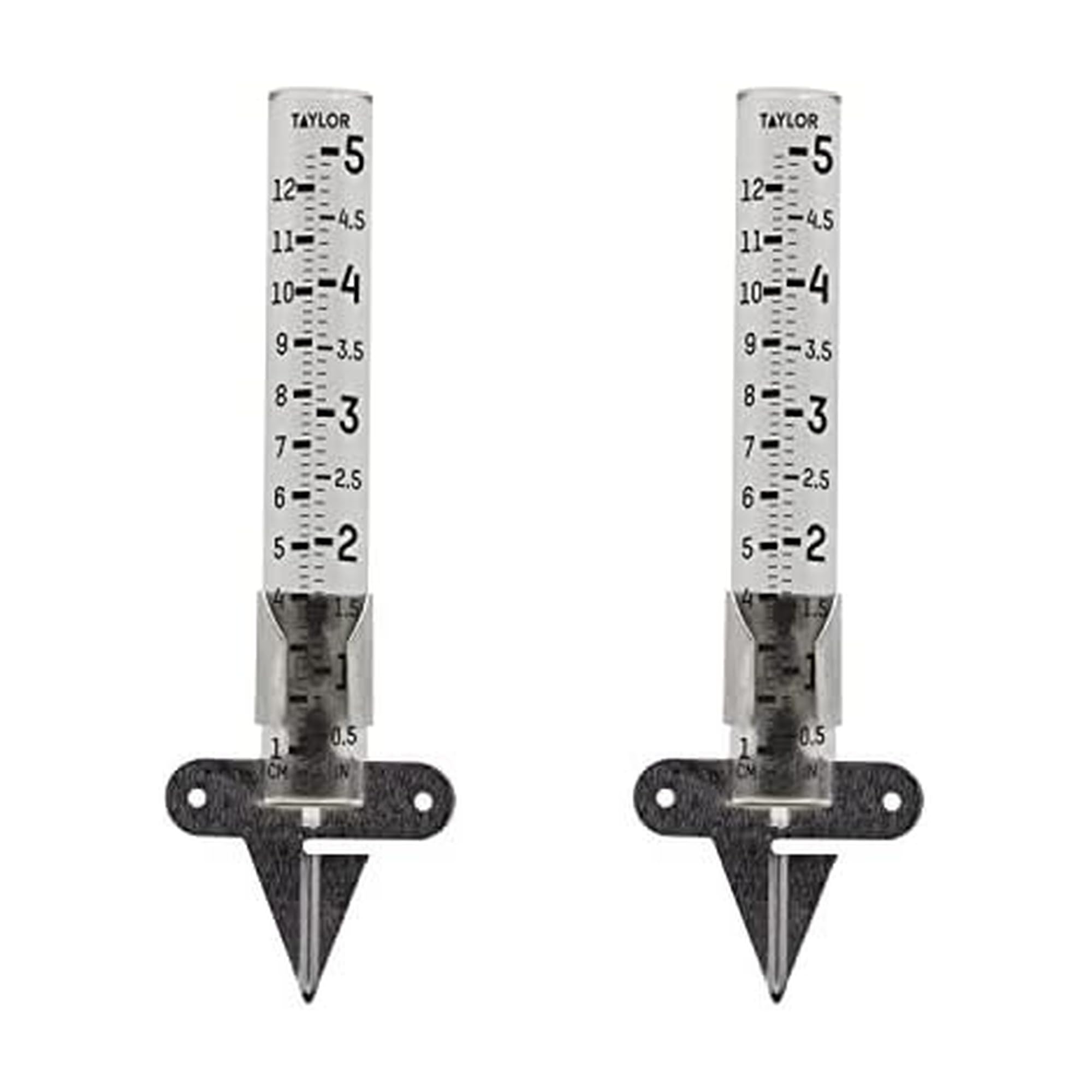 Taylor rain gauge with five-inch capacity for precise yard precipitation data.