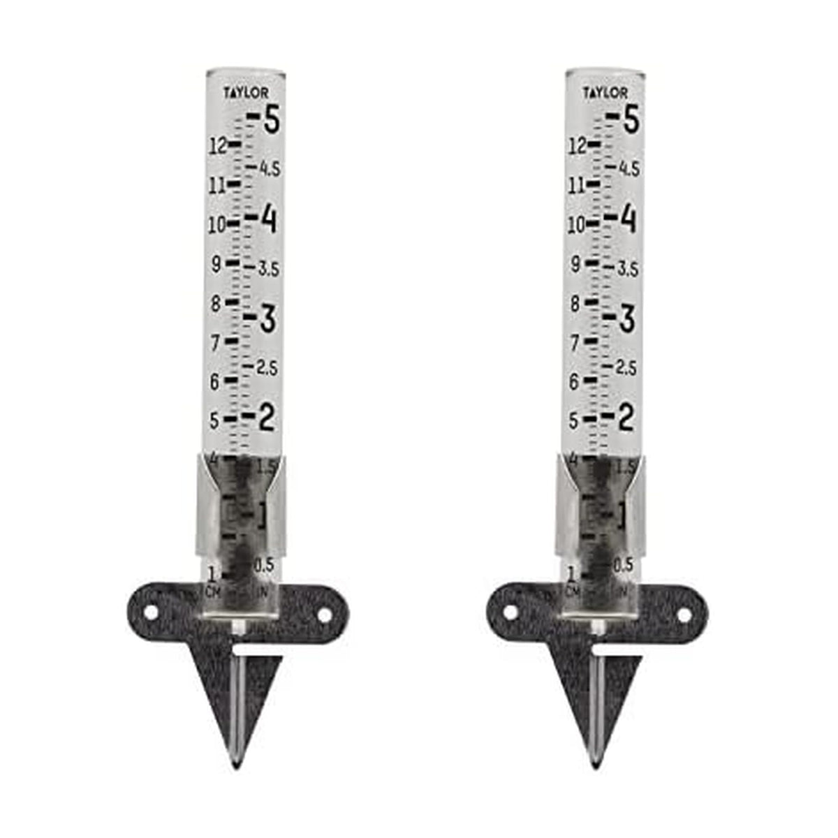 Taylor rain gauge with five-inch capacity for precise yard precipitation data.