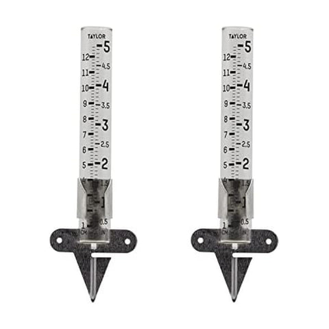 Taylor rain gauge with five-inch capacity for precise yard precipitation data.