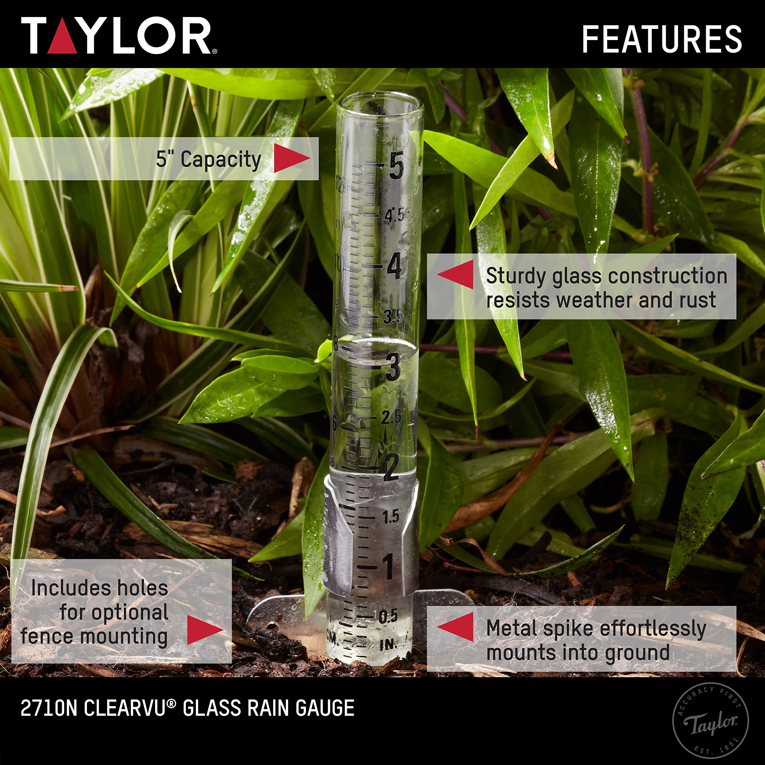 Taylor rain gauge ground spike secures the unit firmly in soil for stable readings.
