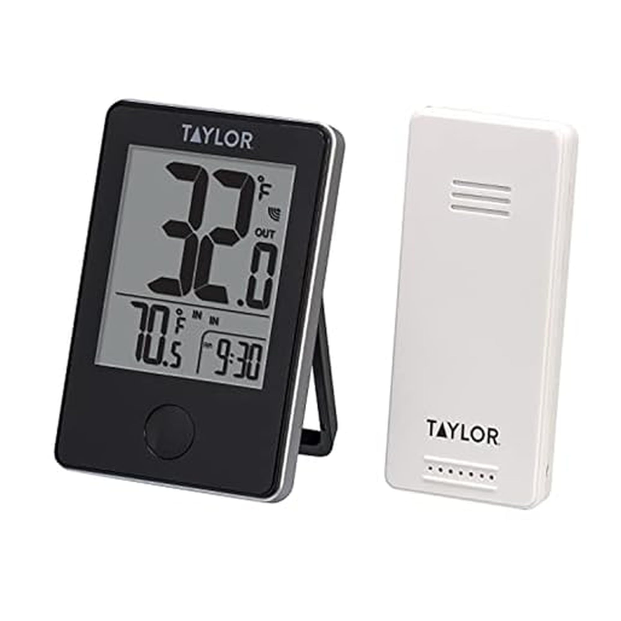Taylor thermometer base unit display shows indoor and outdoor temps clearly.
