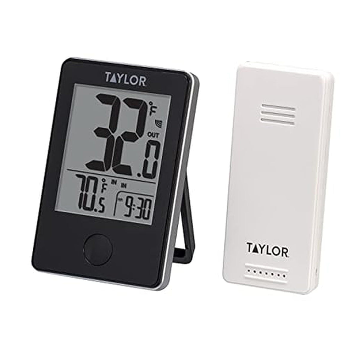 Taylor thermometer base unit display shows indoor and outdoor temps clearly.