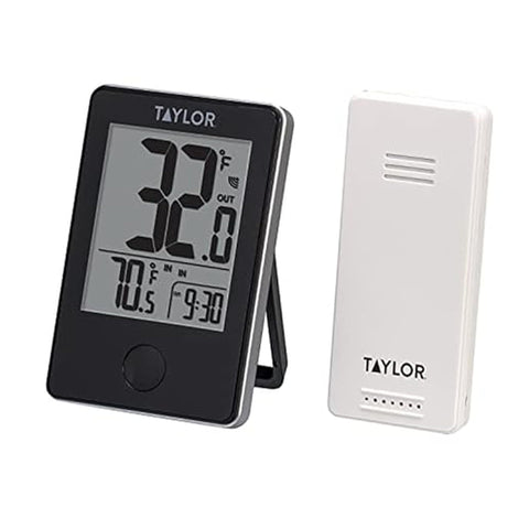 Taylor thermometer base unit display shows indoor and outdoor temps clearly.
