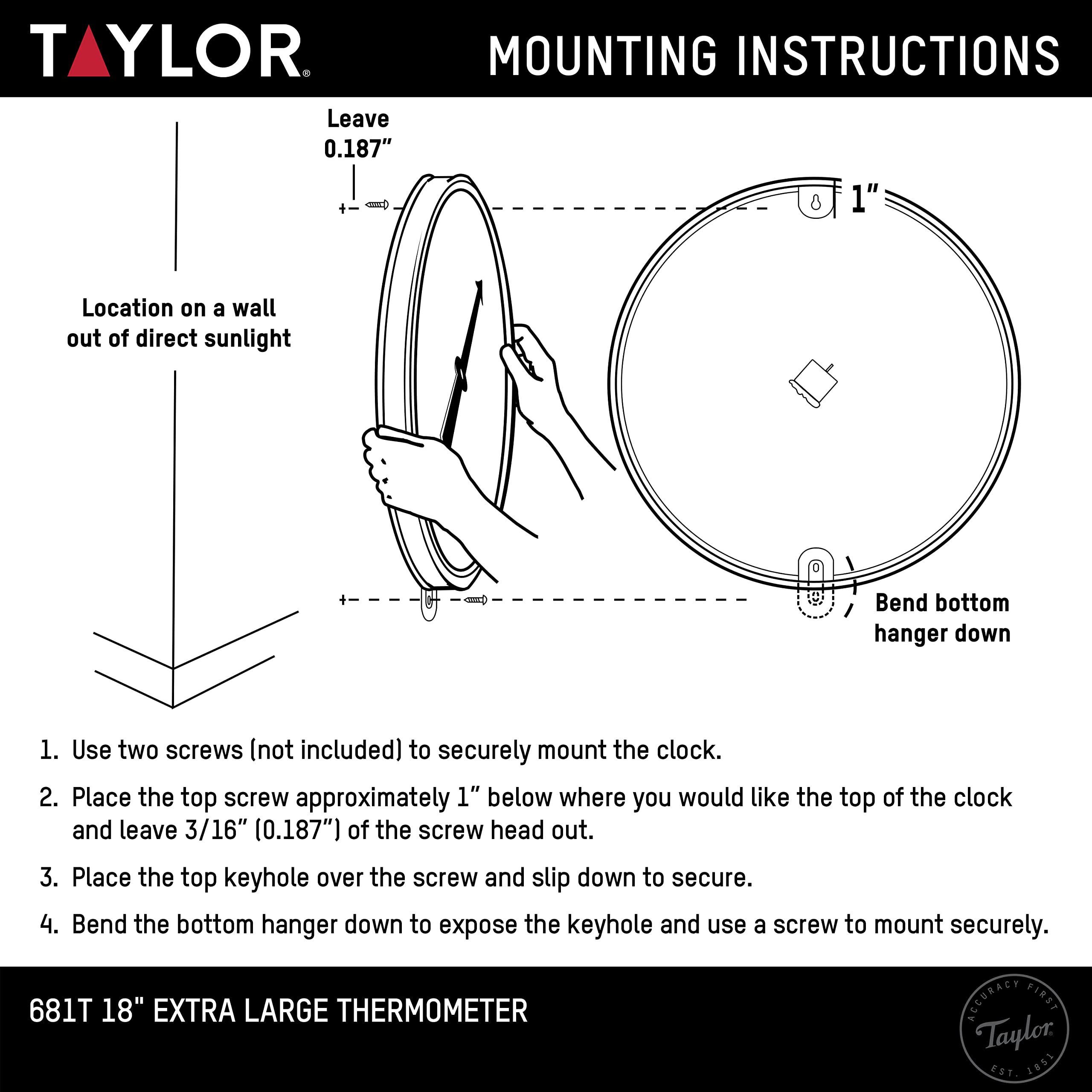 Taylor thermometer with built-in hanger for easy mounting