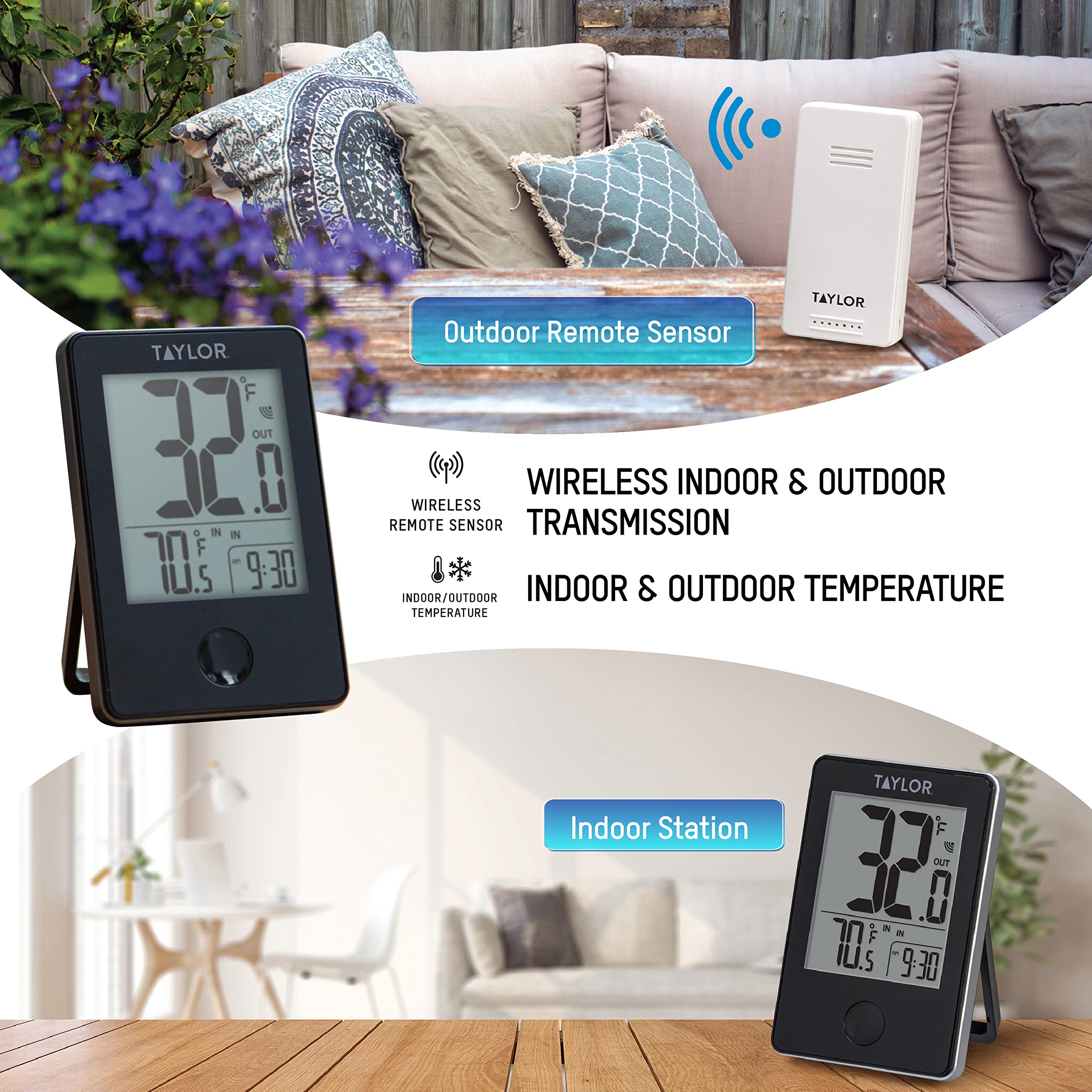 Taylor thermometer indoor readings on LCD facilitate quick checks.