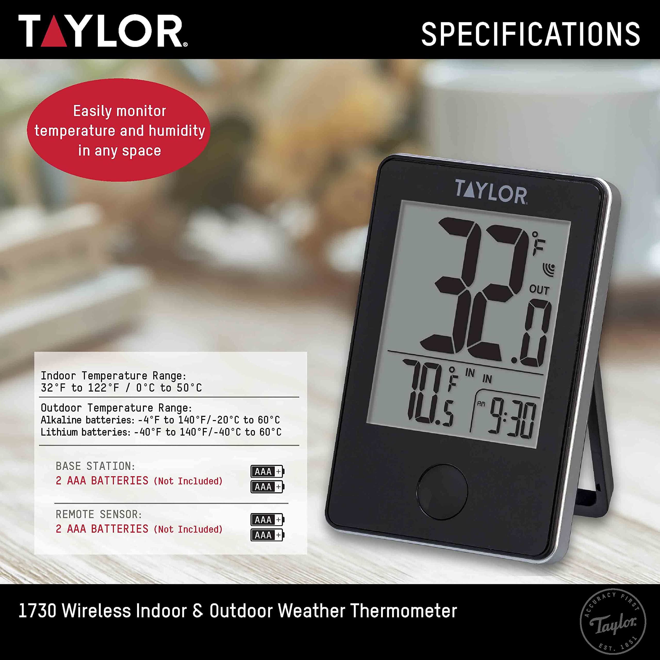 Taylor thermometer memory recalls daily highs and lows for easy tracking.