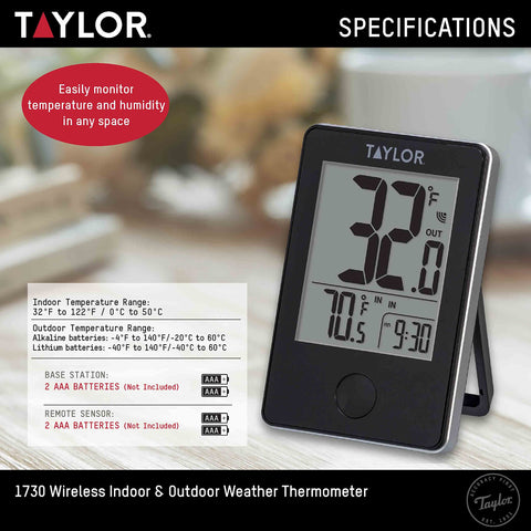 Taylor thermometer memory recalls daily highs and lows for easy tracking.