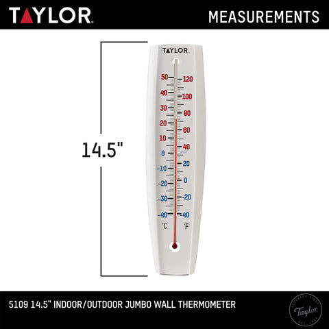 Taylor wall mount thermometer for indoor and outdoor use with rustproof durability.