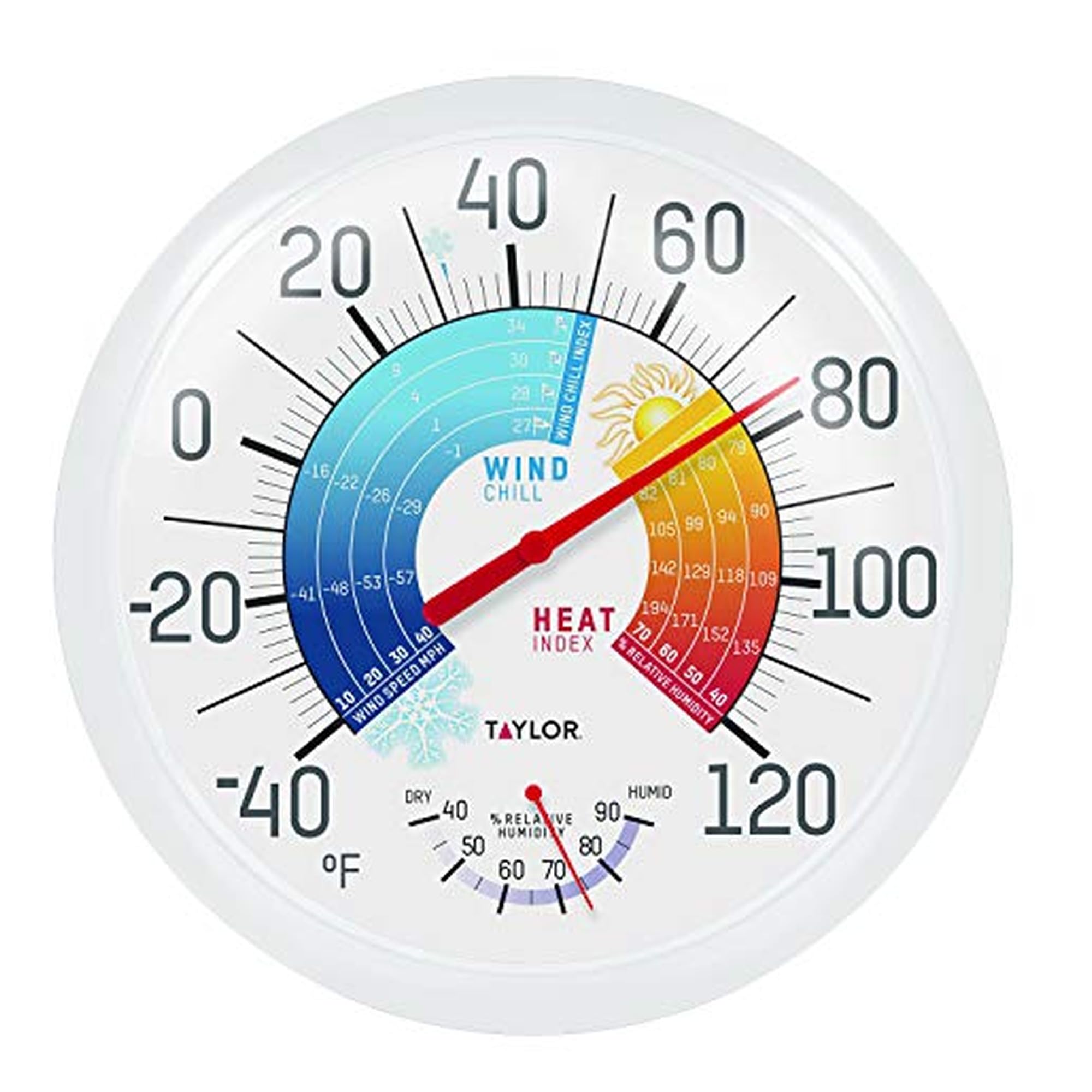Taylor wind chill thermometer with heat index, easy outdoor viewing.