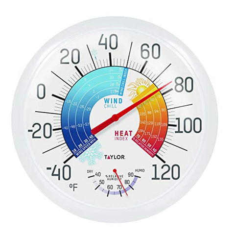 Taylor wind chill thermometer with heat index, easy outdoor viewing.