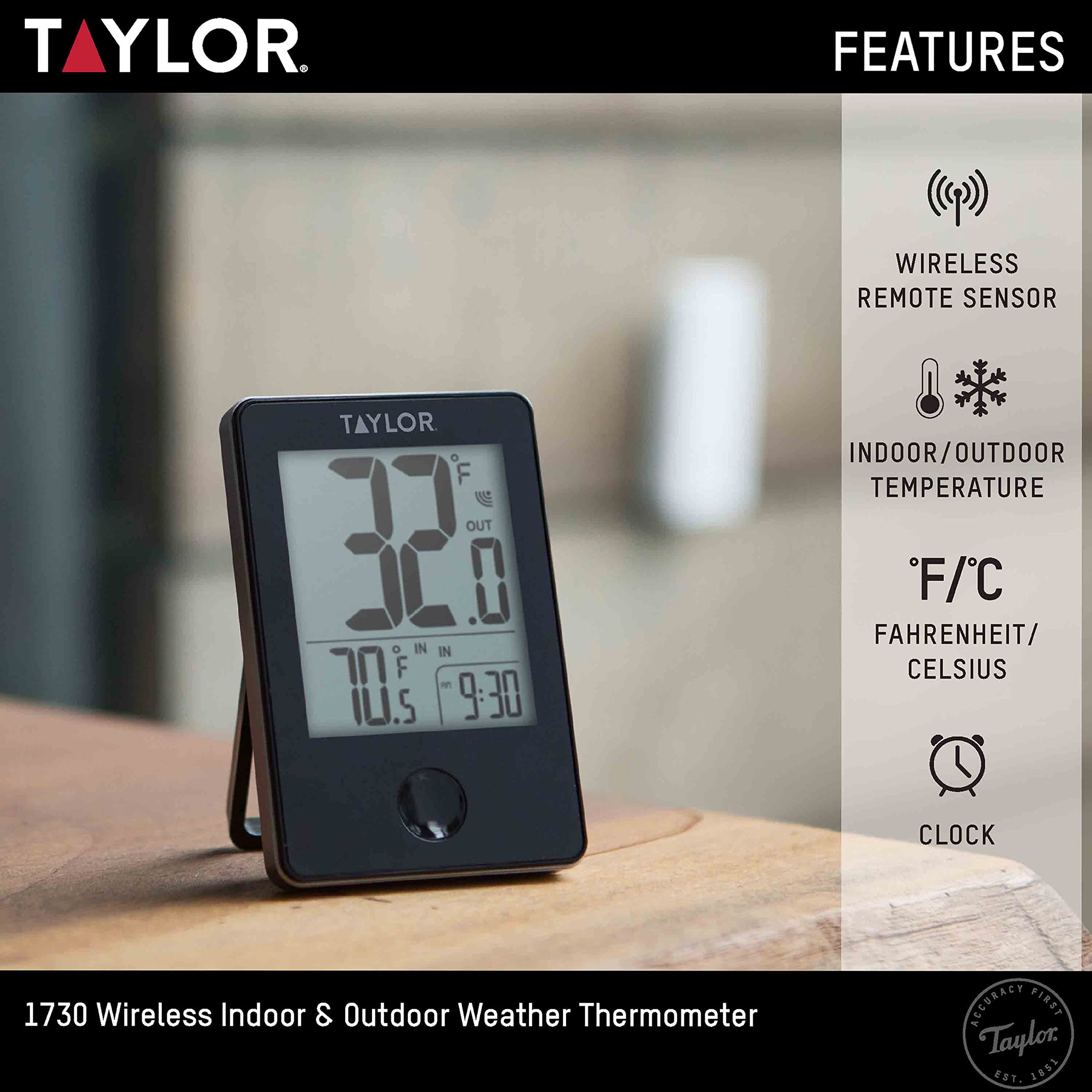 Taylor wireless remote sensor outdoors transmits temperatures to the base unit.