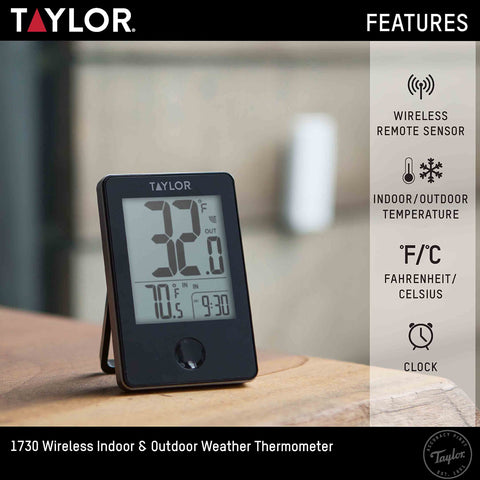 Taylor wireless remote sensor outdoors transmits temperatures to the base unit.