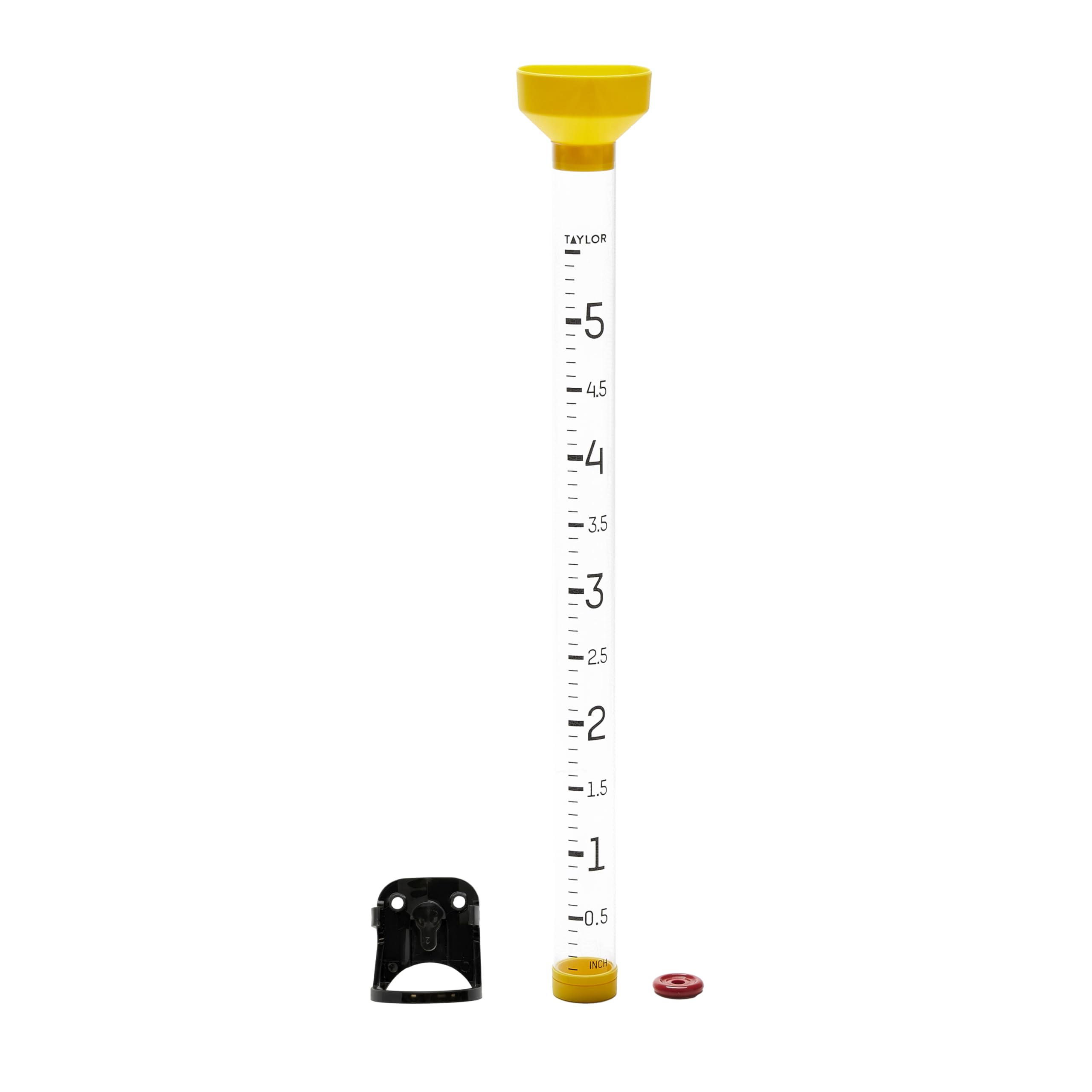 Taylor Capacity Jumbo Rain Gauge full setup in yellow for backyard weather monitoring