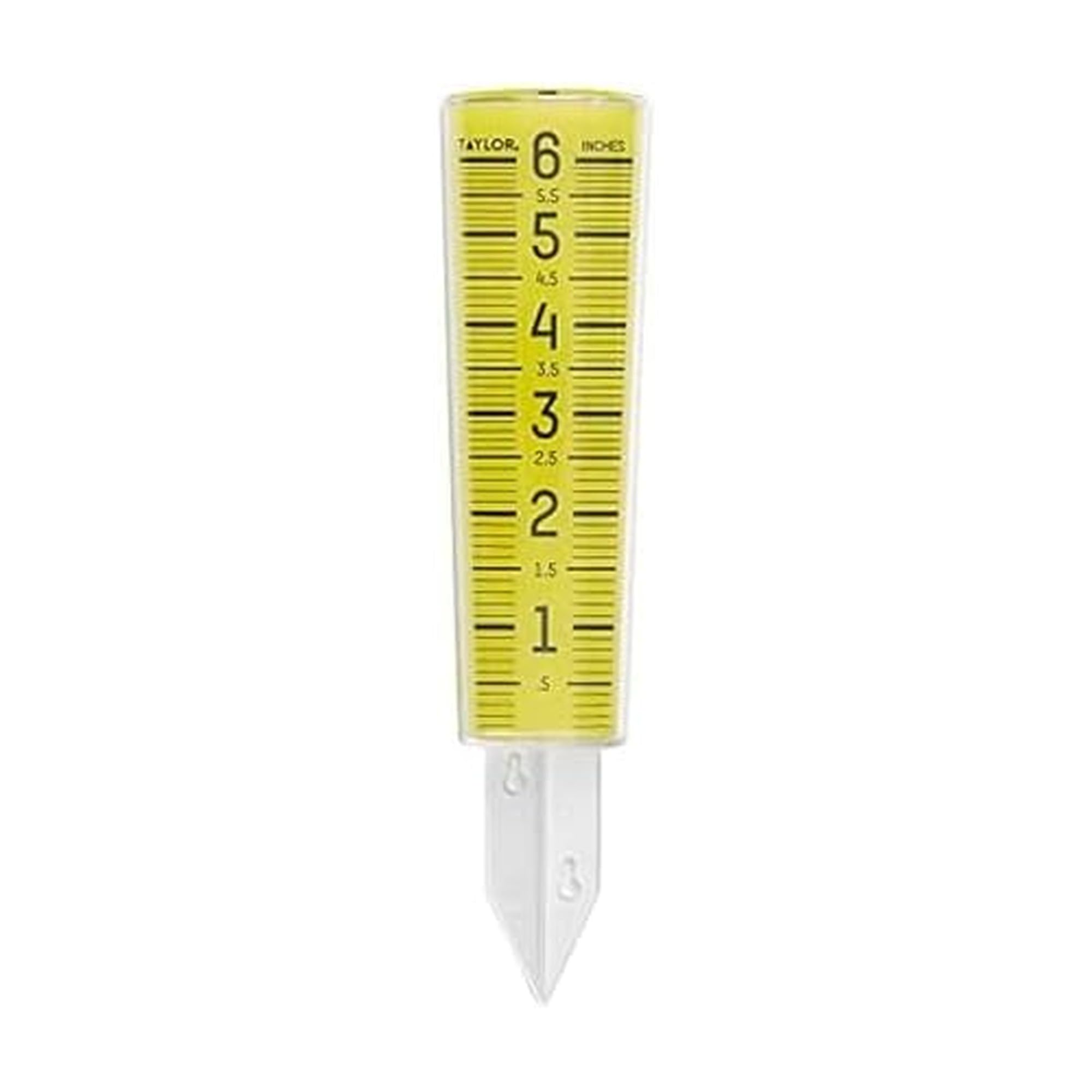 Taylor ClearVu rain gauge shows 6-inch capacity for precise rainfall tracking.